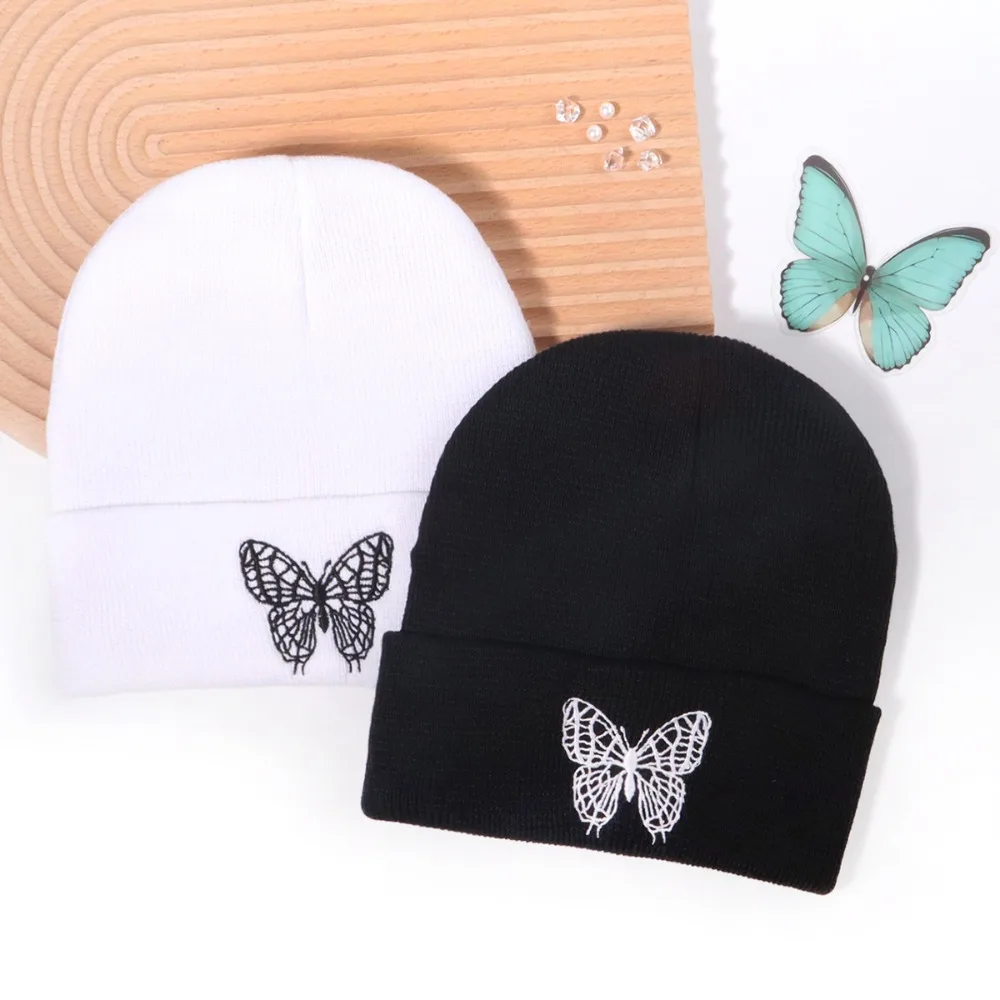 

2025 Butterfly Embroidered Rolled-up Knitted Hats Men Women Trendy and Fashionable Casual Street Y2K Keep Warm