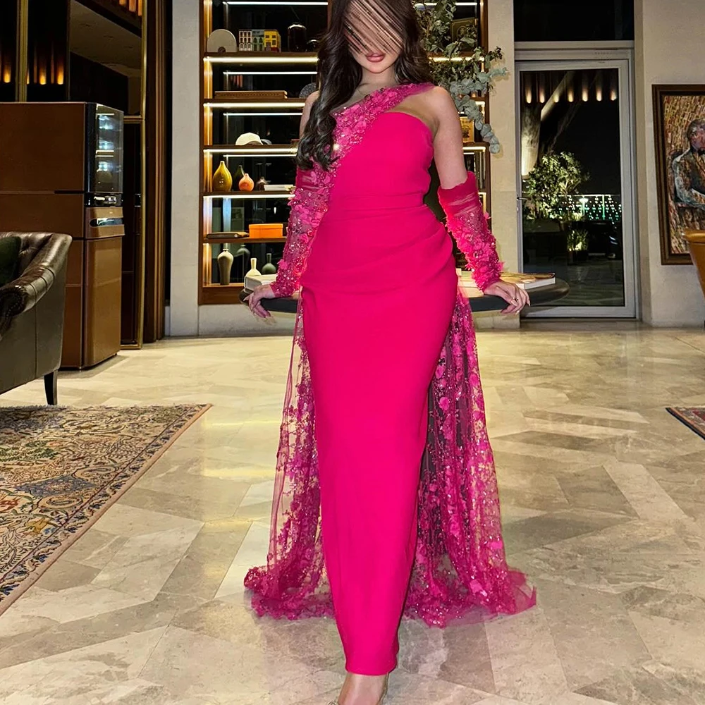 

Customized Jersey Straight One Shoulder Detachable Sleeve Appliques and Crystal Evening Dress Floor Length Panel Train