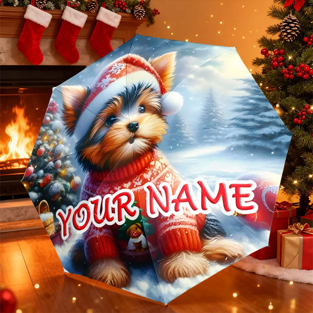 Custom Name Umbrella， Christmas Yorkshire Terrier Cute Design Personalized Umbrella ,Portable Folding Umbrella, Christmas Gift