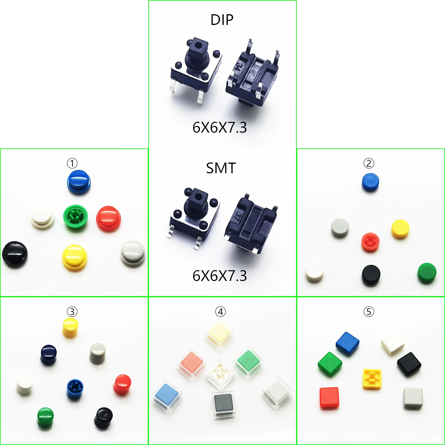 Botão de tato momentâneo com tampa, Interruptor de teclas táticas, Mini botão, DIP ou SMT de 4Pin, 6x6mm, H = 8.5mm, 8.5mm, 9.8mm, 10 conjuntos