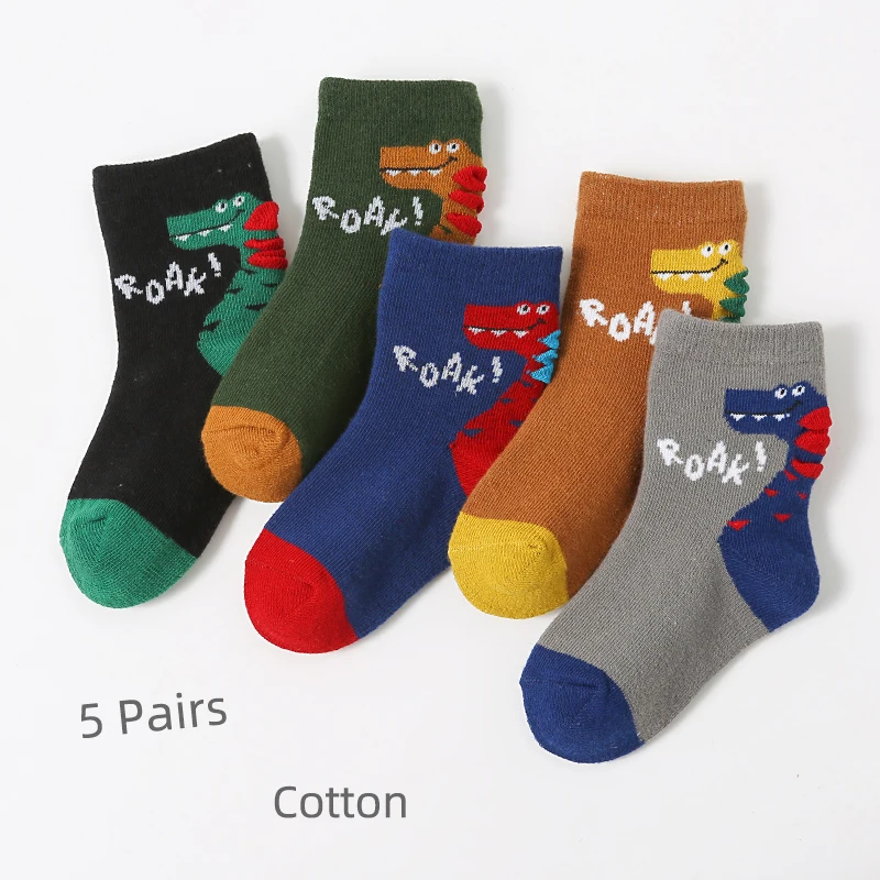 5Pairs/Lot Children's Cartoon Dinosaur Middle Socks Spring and Autumn Boys' Sports Sweating Socks 3-10 Years Old