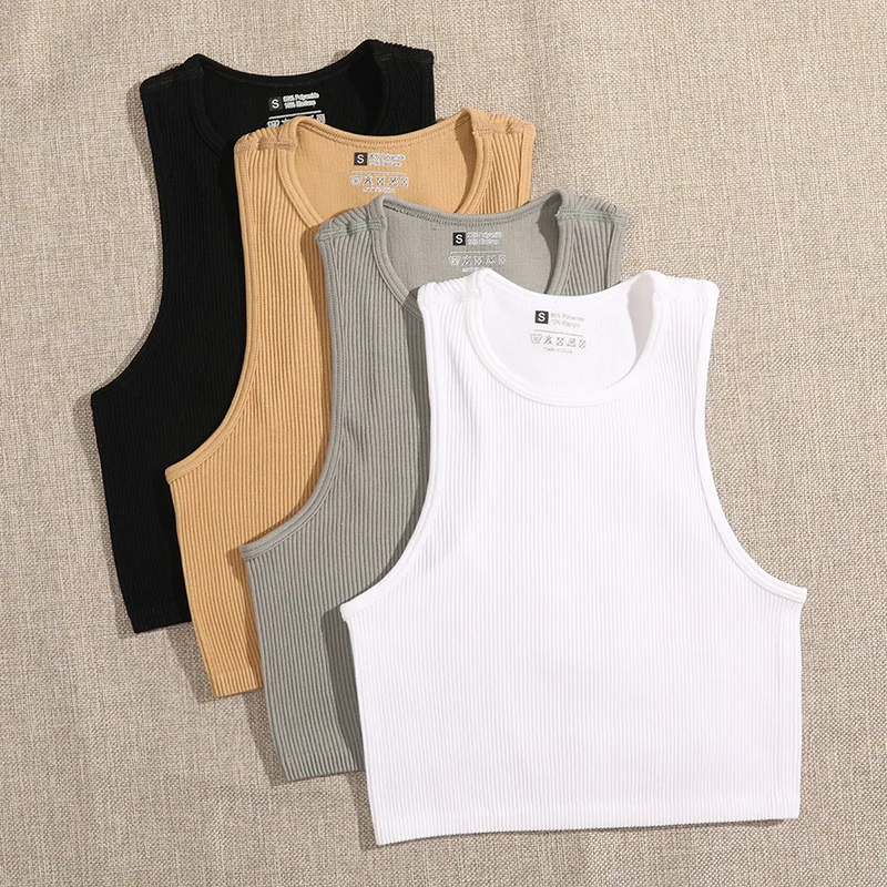 

Yoga Vest Women Gym Sports Black White Crop Tops Streetwear Rib Knit Workout BreathableTank Top Female Without Pads