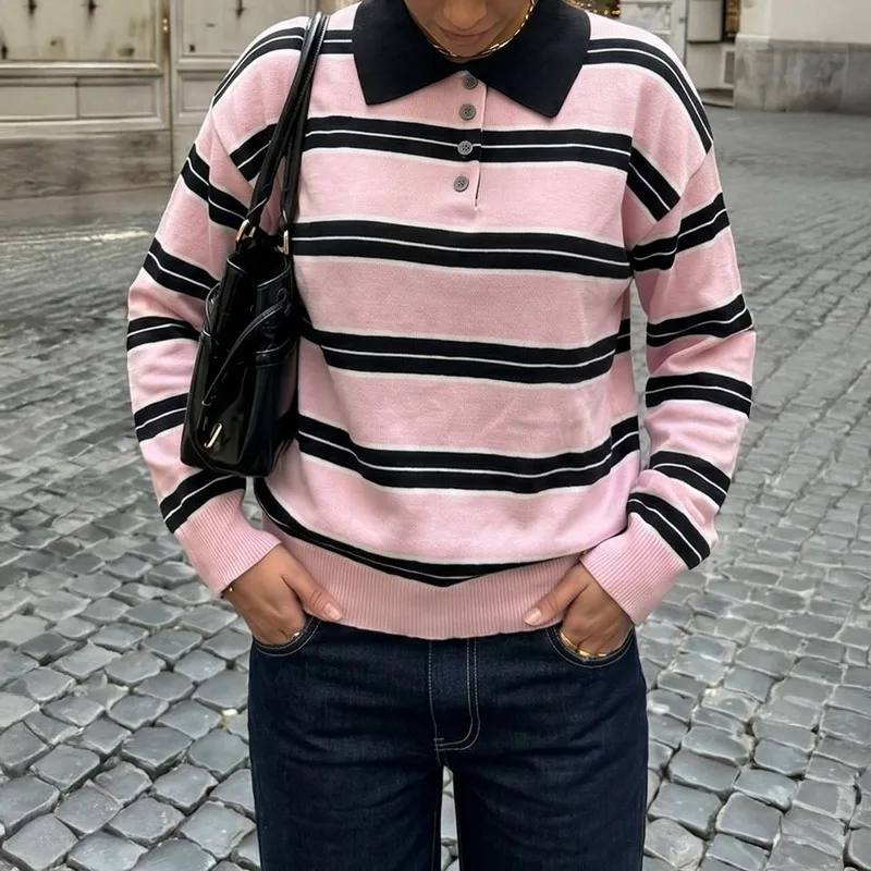Women Striped Polo Collar Knit Top Long Sleeve Drop Shoulder Loose Pullover Sweater Casual Daily Autumn Knitwear
