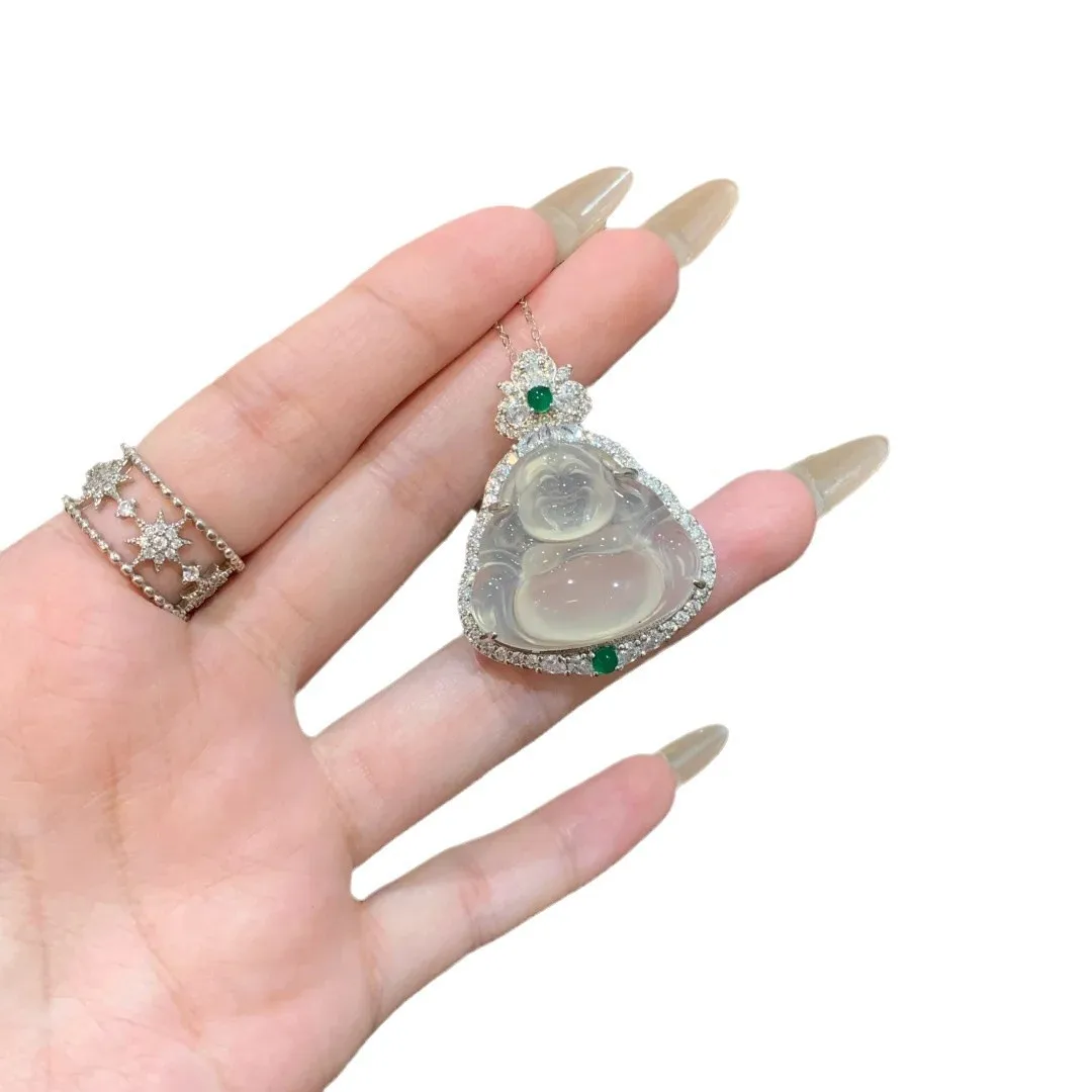 Natural Translucent White Chalcedony Buddha Pendant Inlaid Agate Jade Jewelry Perfect Festival Gift for Wife