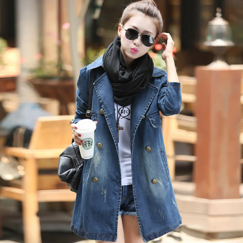 

New Denim Coat Women Spring Autumn Double Breasted Jean Jacket Plus Size Loose Mid-Length Outerwear Casual Trench Coats Overcoat