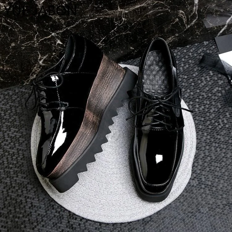 Women\'s Black Patent Leather Loafers Platform Lace Up Shoes for Woman 2024 New Autumn British Genuine Leather Casual Flats Shoes