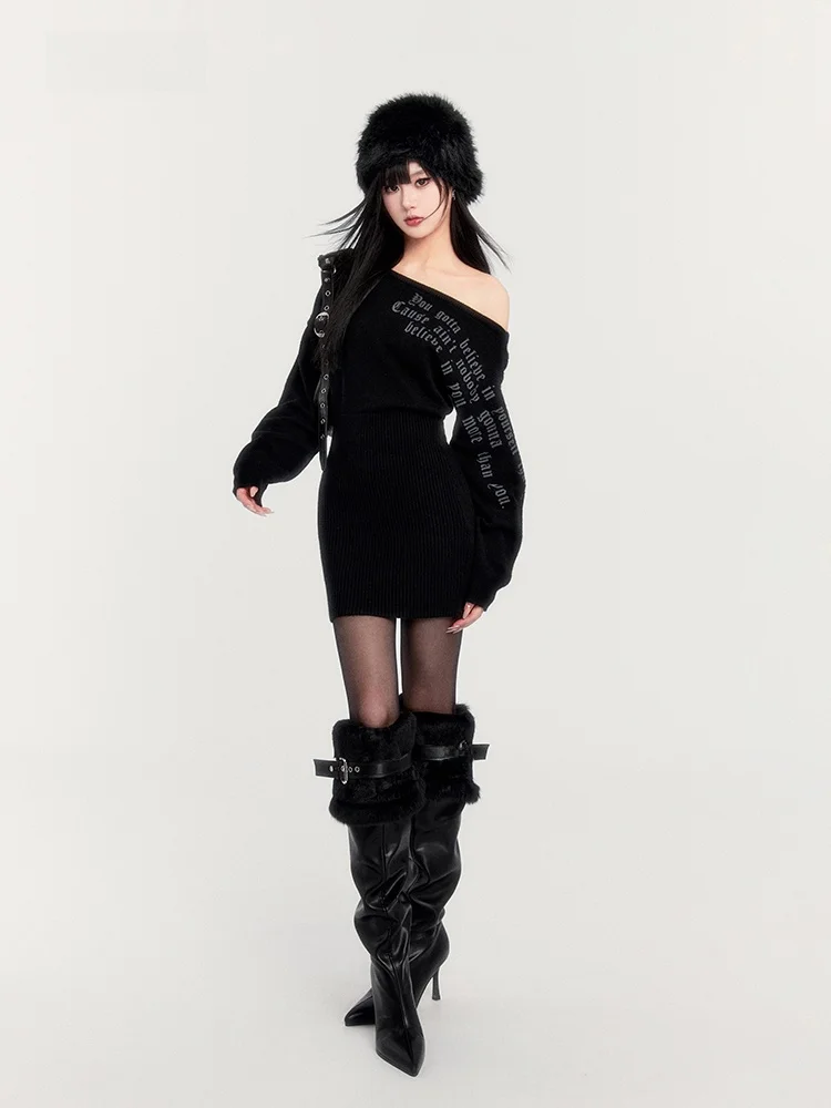 

VO Spicy Girl Jument k oulder Print Slimming Knitted Wrap Dr Autumn Winter Street Sle Long Sve Bodycon Sweater