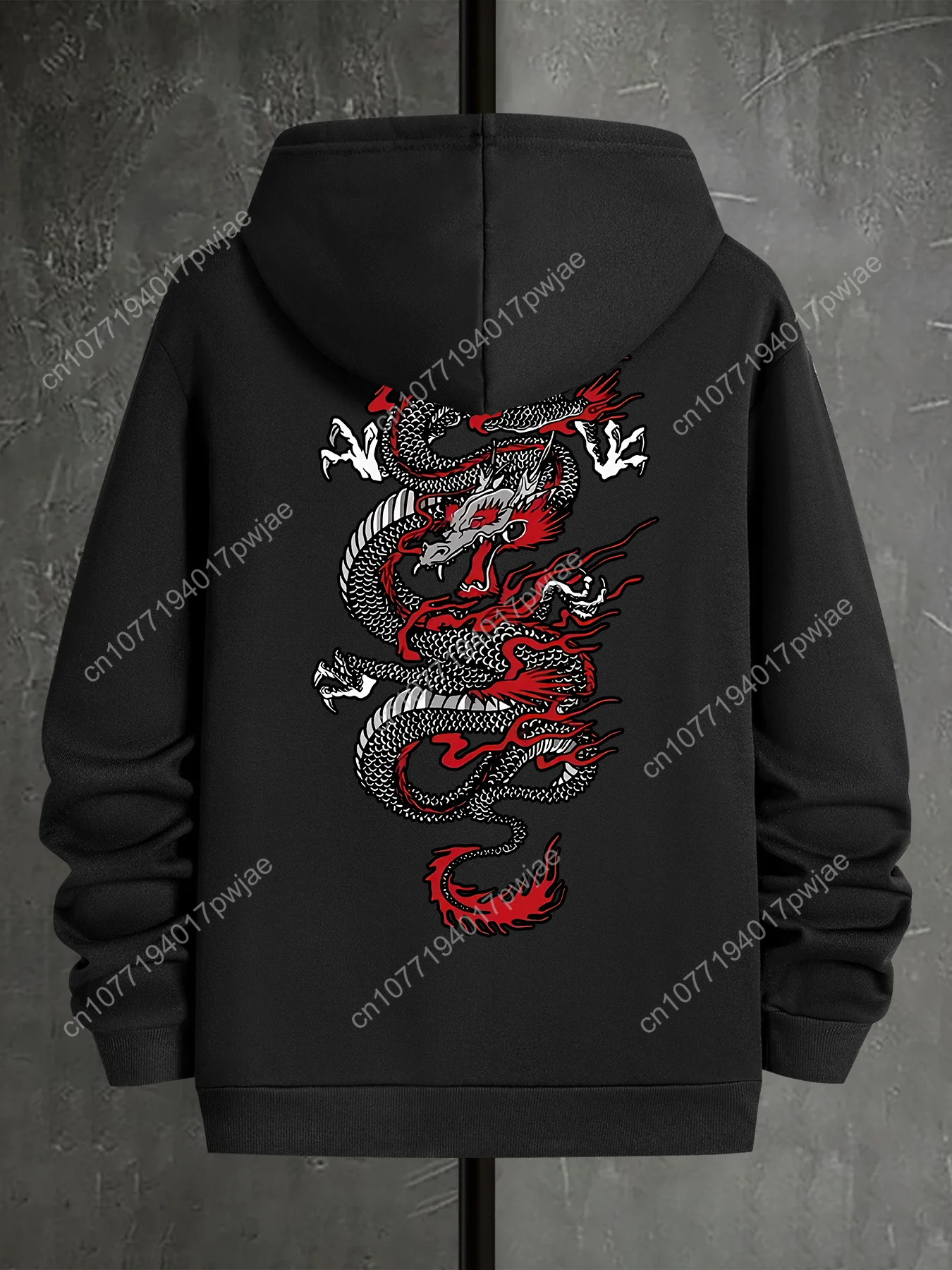 Machine Washable Polyester Men's Casual Hoodie with Geometric Dragon Print, Pockets - Perfect for Spring, Fall & Outdoor Activit