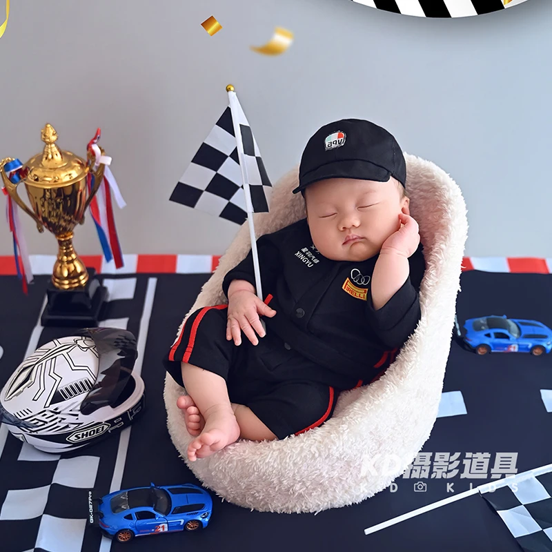 Cool Racing Car Newborn Photography Props - Black Suit, Cap & Checkered Flag White Helmet Props Infant Boy Photo Shoot Costumes