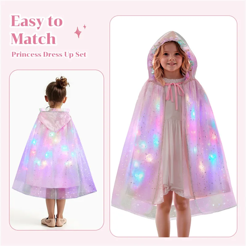 New Hooded Cape with LED Light Halloween Cloak Light Up Colorful Cape Princess Cosplay Cape Party Supplies for Kids Little Girls