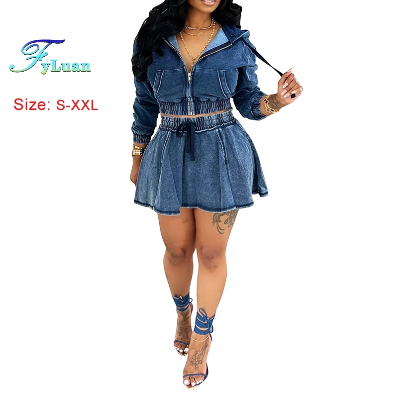 

2025 New Fashion Women's Cowboy Skirt Sets Long Sleeve Hooded Washed Denim Jacket And Sexy Mini Short Skirt Casual Two-Piece Set