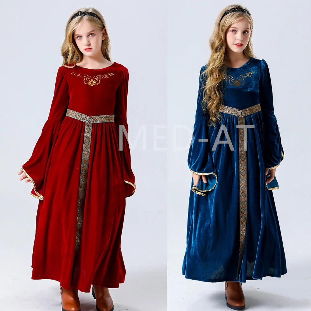 Girl\'s Medieval Dress Victorian Palace Royal Princess Costume Renaissance Halloween Vampire Cosplay Kids Long Fancy Velvet Robe