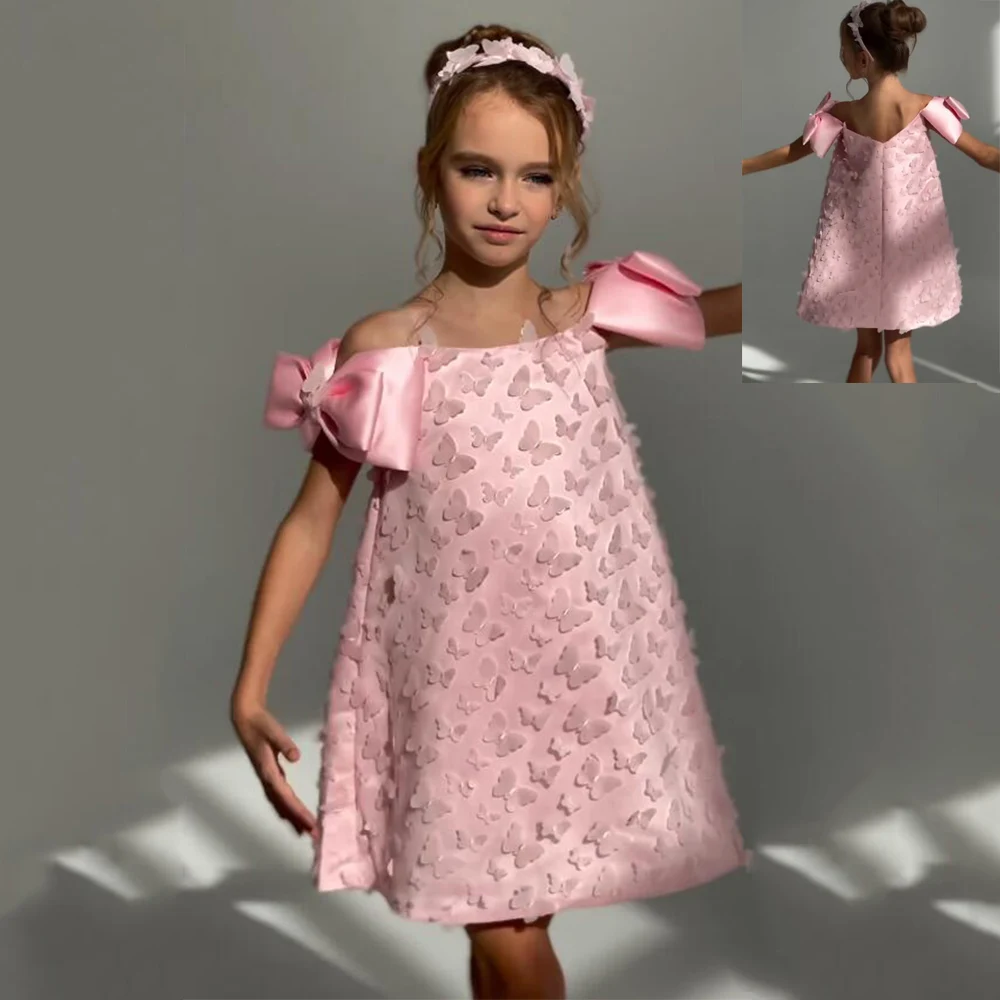 Lovely Pink Flower Girl Dress Boat Neck Off The Shoulder Bow Butterfly Mini Birthday Party Gown Christmas Kids Pageant Dresses