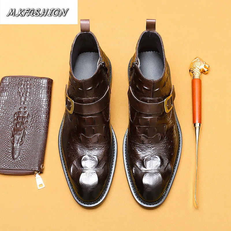 Men's Business Dress Boots Genuine Leather Crocodile Pattern Pointed Zipper Ankle Boot Booties Shoes
