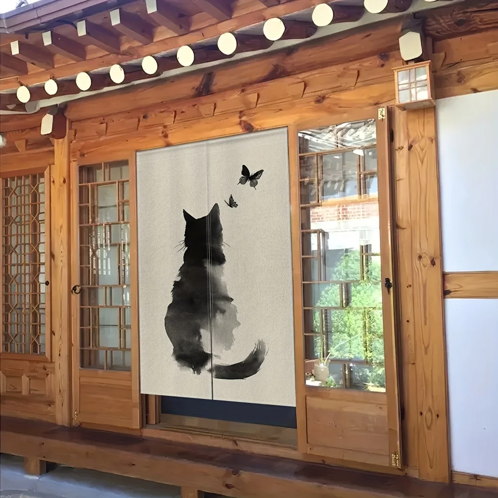 Ink Cat Butterfly Door Curtain Gazing Butterfly Minimalist Japanese Art for Tea Room or Cafe Decoration