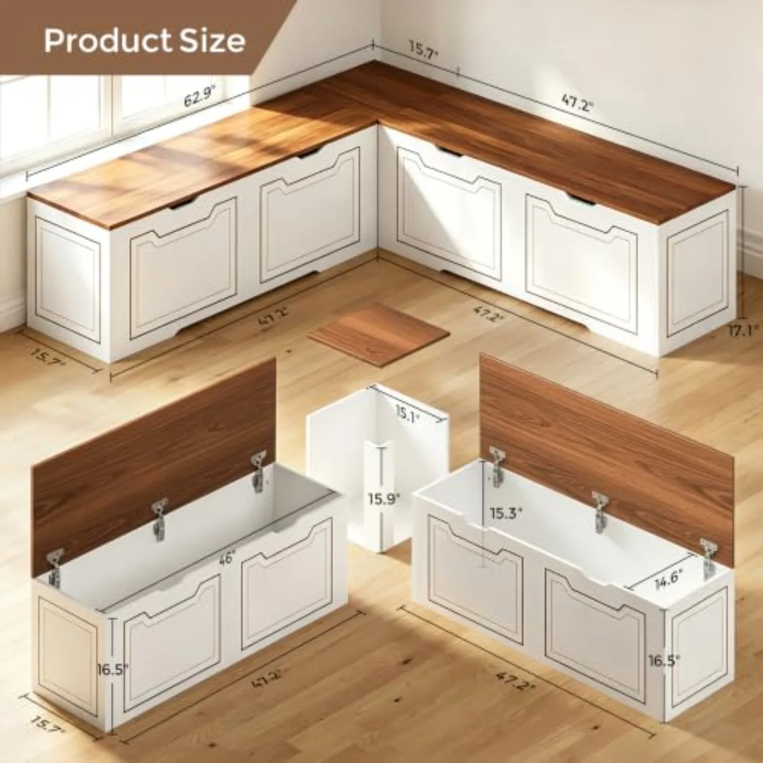 L Shaped Corner Bench with Storage, Breakfast Nook Bench, 63
