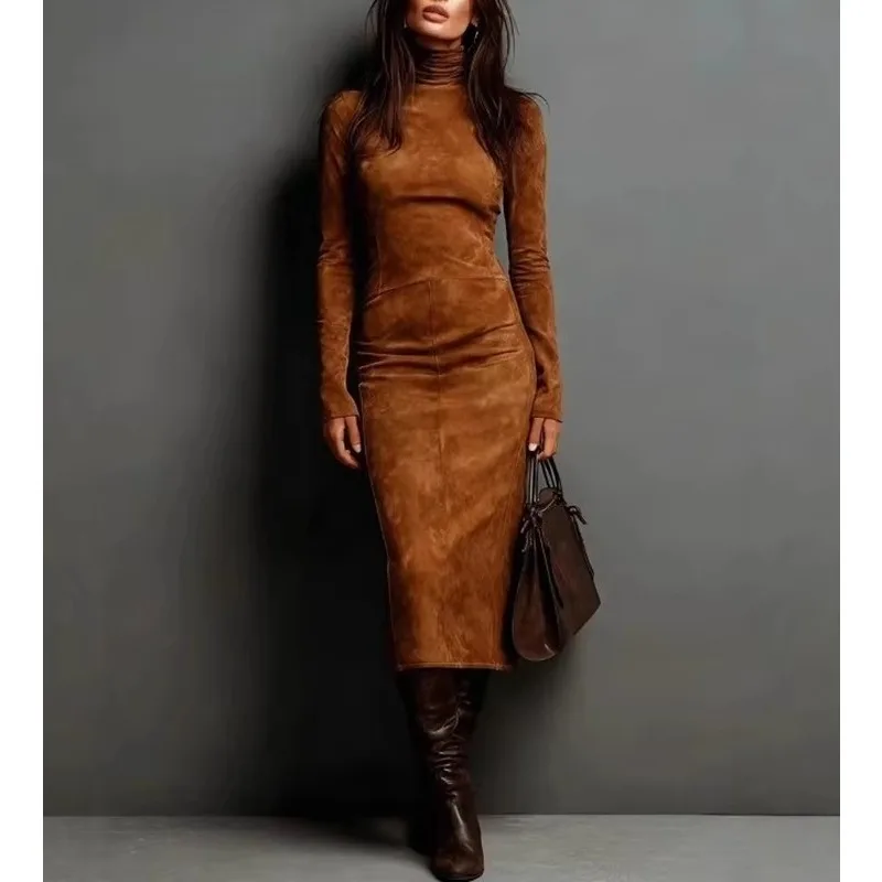 Women Autumn Winter Suede Turtleneck Long Sleeve Midi Dress European American Style Elegant Bodycon Dress Party Clubwear New