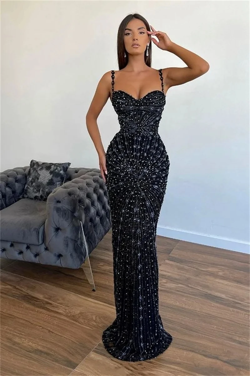 

Sexy Spaghetti Straps Prom Dresses Sequined Beading Crystal Mermaid Evening Gowns Custom Made Robe De Soirée