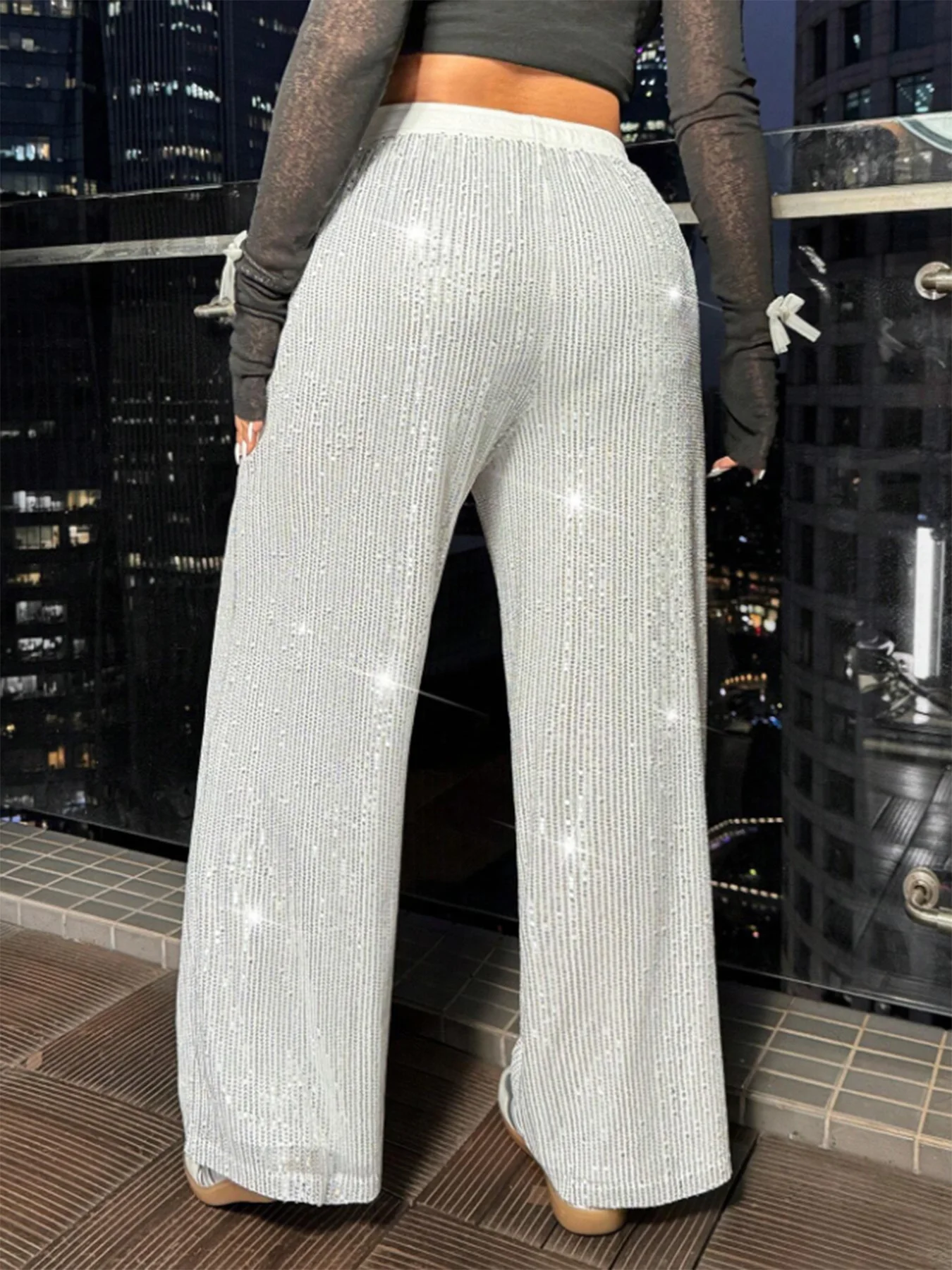 الربيع والخريف أنيقة جديدة حجم كبير المرأة موضة الترتر حفلة لامعة مستقيم السراويل مزاجه التنقل مرونة الخصر السراويل الطويلة غير رسمية
