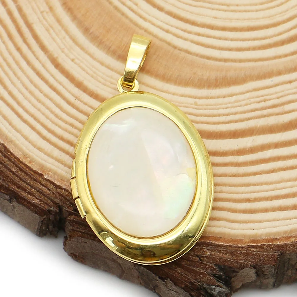 

1pc Oval Natural Abalone Shell Inlaid Pendants Retro Golden-color Openable Photo Locket Neck Ornaments Jewelry Accessory 19x28mm