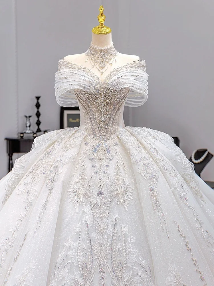 Customized Ball Gown Wedding Dress Off Shoulder Sleeveless Glitter Tulle Beaded Train Floor Length for Bride Vestidos De Noiva