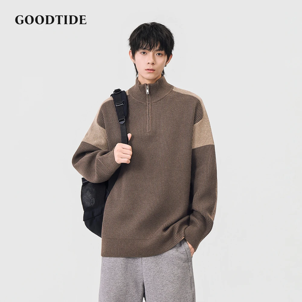 Fashion Men's Casual Half - Zip Mock Neck Sweater 2025 Winter Contrast Panel Ribbed Knit Pullover Soft Long Sleeve Jumper Top