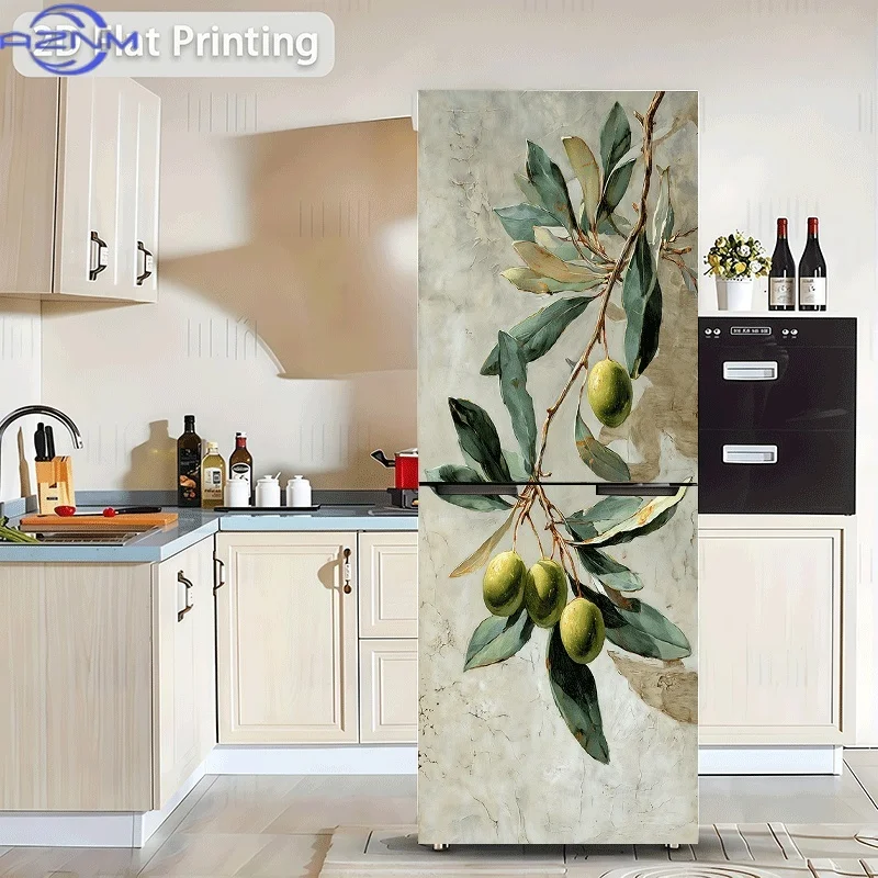 Printing: Green Olive Decorative Sticker on an Olive Branch - Wall Decal, Suitable for Walls and Refrigerators, Modern Kitche