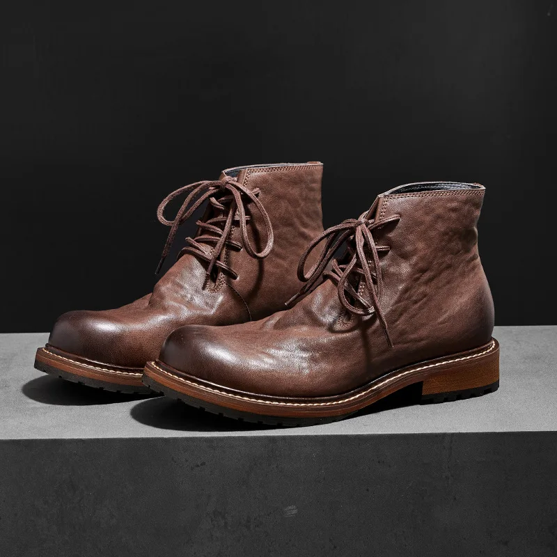 YETTIES Men's Handmade Washed Horsehide Work Boots, New British Style Chunky Toe Vintage Desert Boots for Men Lace-up boots