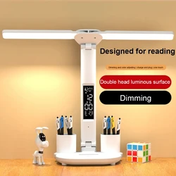 LED Clock Table Lamp USB Chargeable Dimmable Desk Lamp 2 Heads 180 Rotate Foldable Eye Protection Reading Night Light