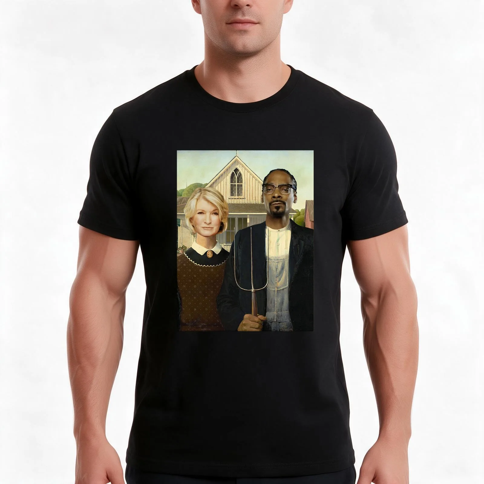 Snoop Martha American Gothic T-Shirt, Summer Casual Cotton Tee, Oversized Streetwear Tops, Vintage Graphic Print, 100% Cotton
