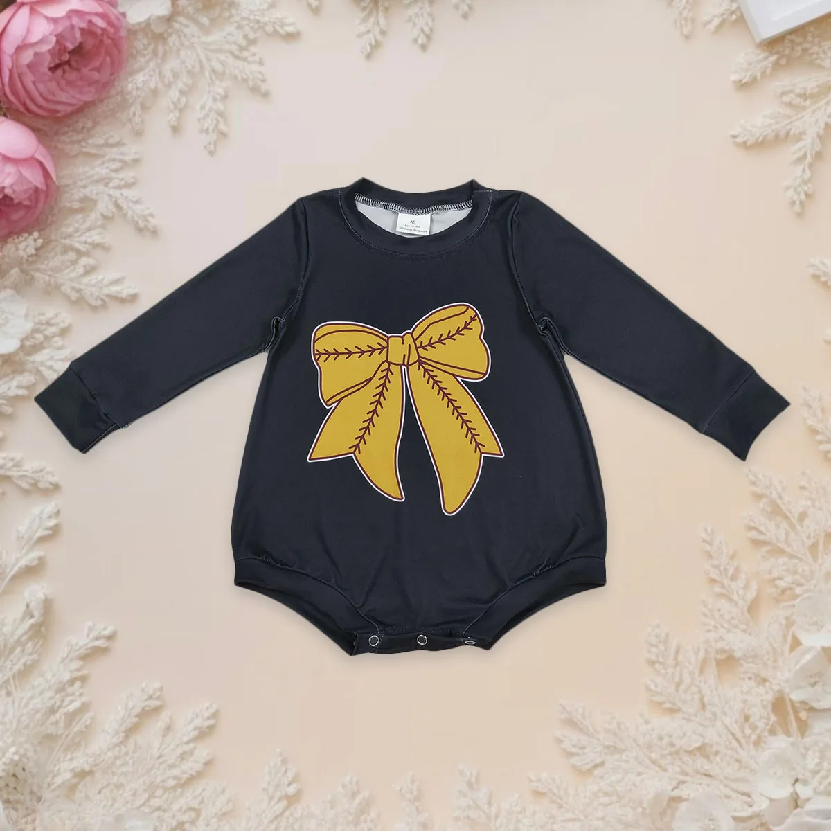 

Newborn Baby Girl Long Sleeve Baseballs Bows Bubbles Romper Jumpsuit Black Cozy Kids Toddler Ruffle Infant Oneises Wholesale