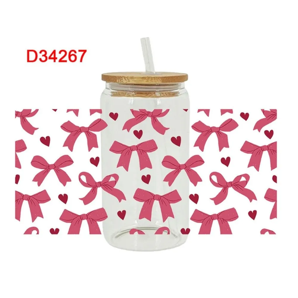 New Waterproof UV DTF Transfer Sticker Smooth Clear Wrap Stickers DIY Pink Bow Decals For 16Oz Glass Cup