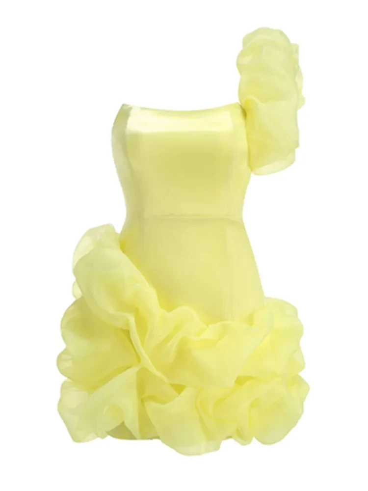 2024 Newest Summer Fashion Women Sexy One Shoulder Yellow Ruffles Mini Bodycon Cotton Dress Elegant Evening Club Party Dress