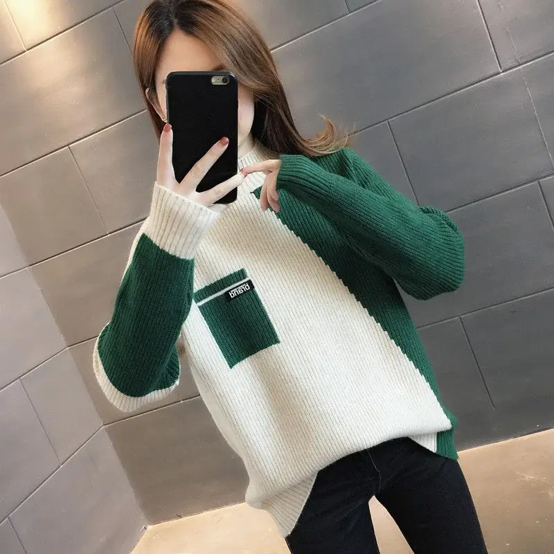 Women Mock Neck Sweaters Color Blocking Pullover 2022 New Autumn Winter Knitting Personality All-match Casual Lady Top 2022