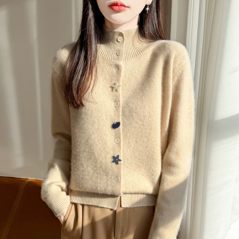 Nouveau pull en maille épais pour l'automne et l'hiver, col mi-haut, cardigan en maille ample et ajusté pour femmes