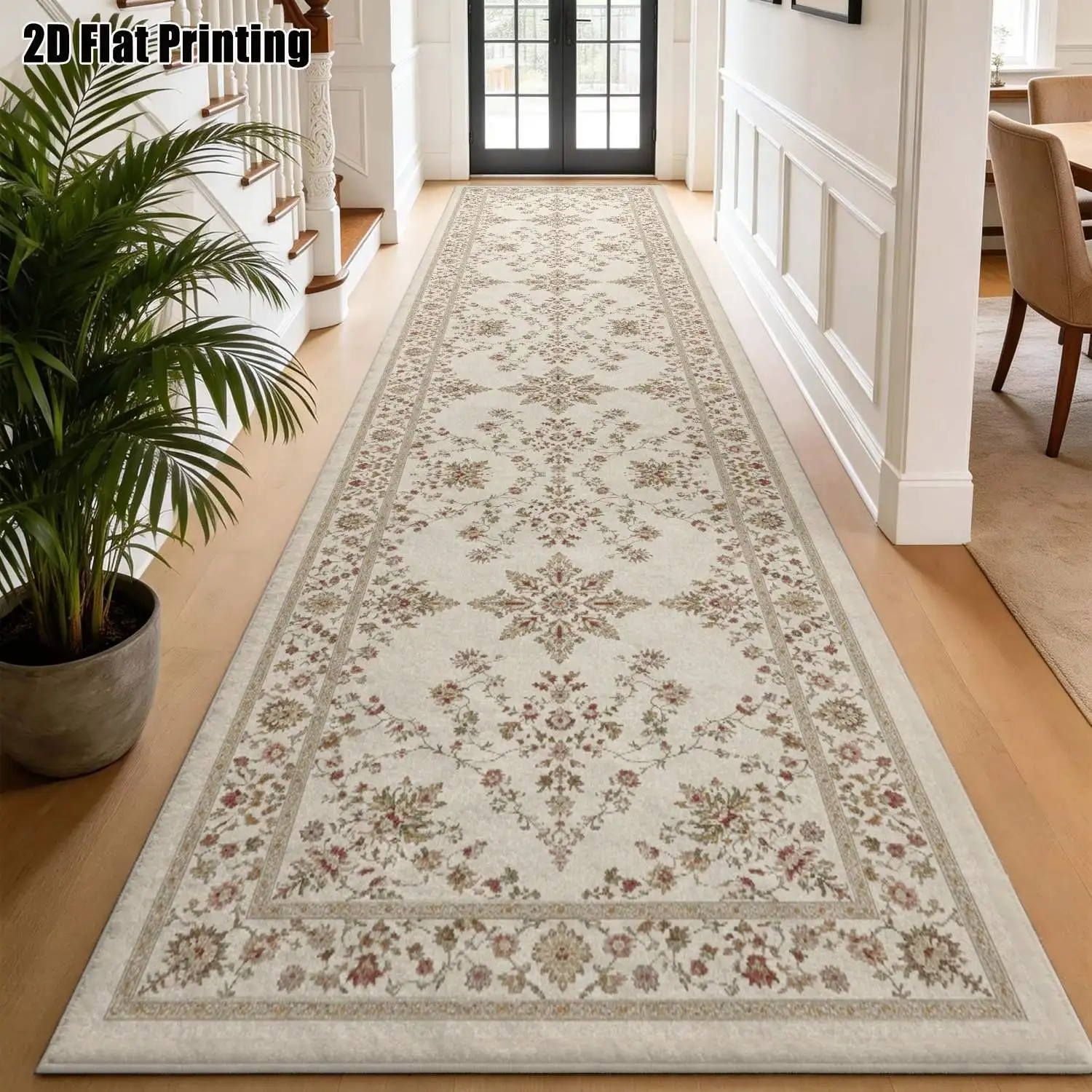 1Pc 2D Printed Strip Runway Carpet, Beige Floral Pattern European-Style, Vintage, Geometric & Simple Strip Carpets, Home Decor, Multi-Size, Machine Washable. Perfect for Entryway, Hallway, Living Room, Bedroom.