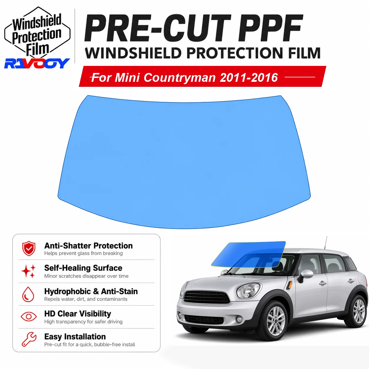RAVOOY Pre-Cut Front Windshield Protection Film For Mini Countryman 4D HB 2011-2016 6.5mil Clear TPU UV Blocking Hydrophobic Kit