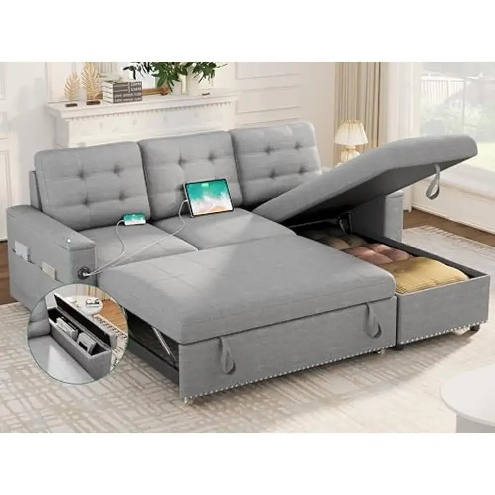 Convertible Sleeper Sofa Bed with Trundle Mechanism USB & Type C Charging Ports Hidden Storage L-Shaped Sectional Living Room