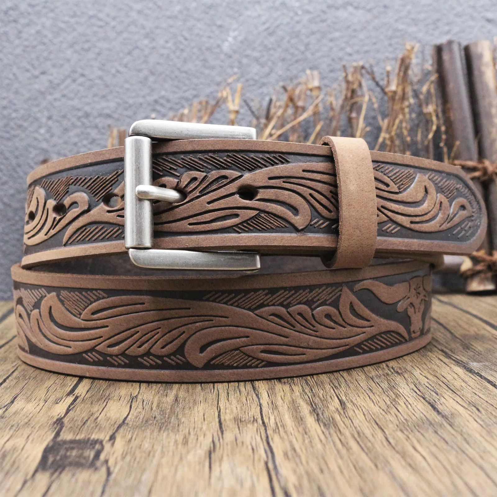 Western Tooled Men Top Grain Crazy Horse Leather Belt Weathered Cowhide Surface Ornate Embossed Pin Buckle Practical Outdoor