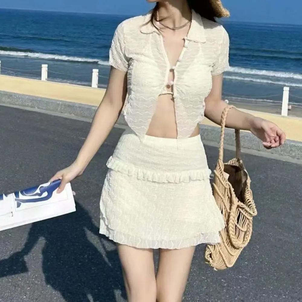 Traje de Baño de Tres Piezas, Ajustado, de Manga Corta, con Aberturas y Volantes, Bikini, Ropa de Playa, Transparente