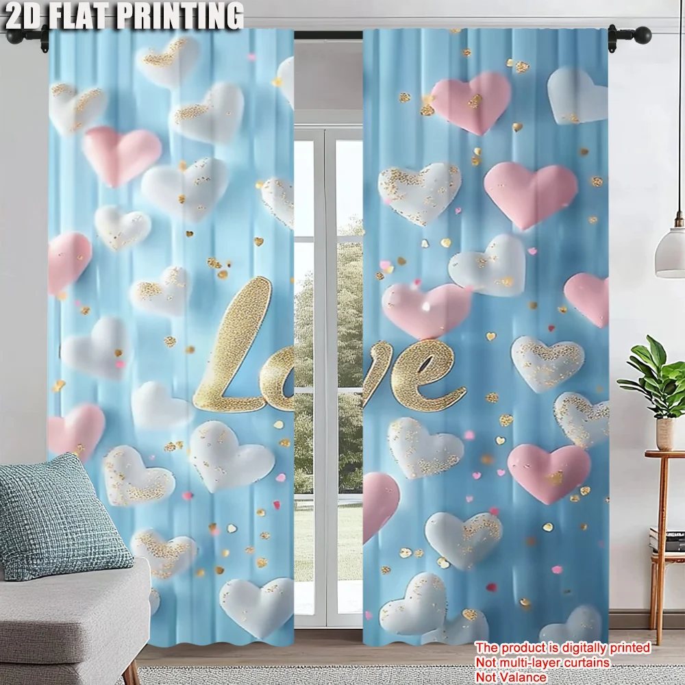 

2Pcs Modern Window Curtains Valentine Heart Pattern Polyester Rod Pocket Design For Easy Hanging Machine Washable Drapes For