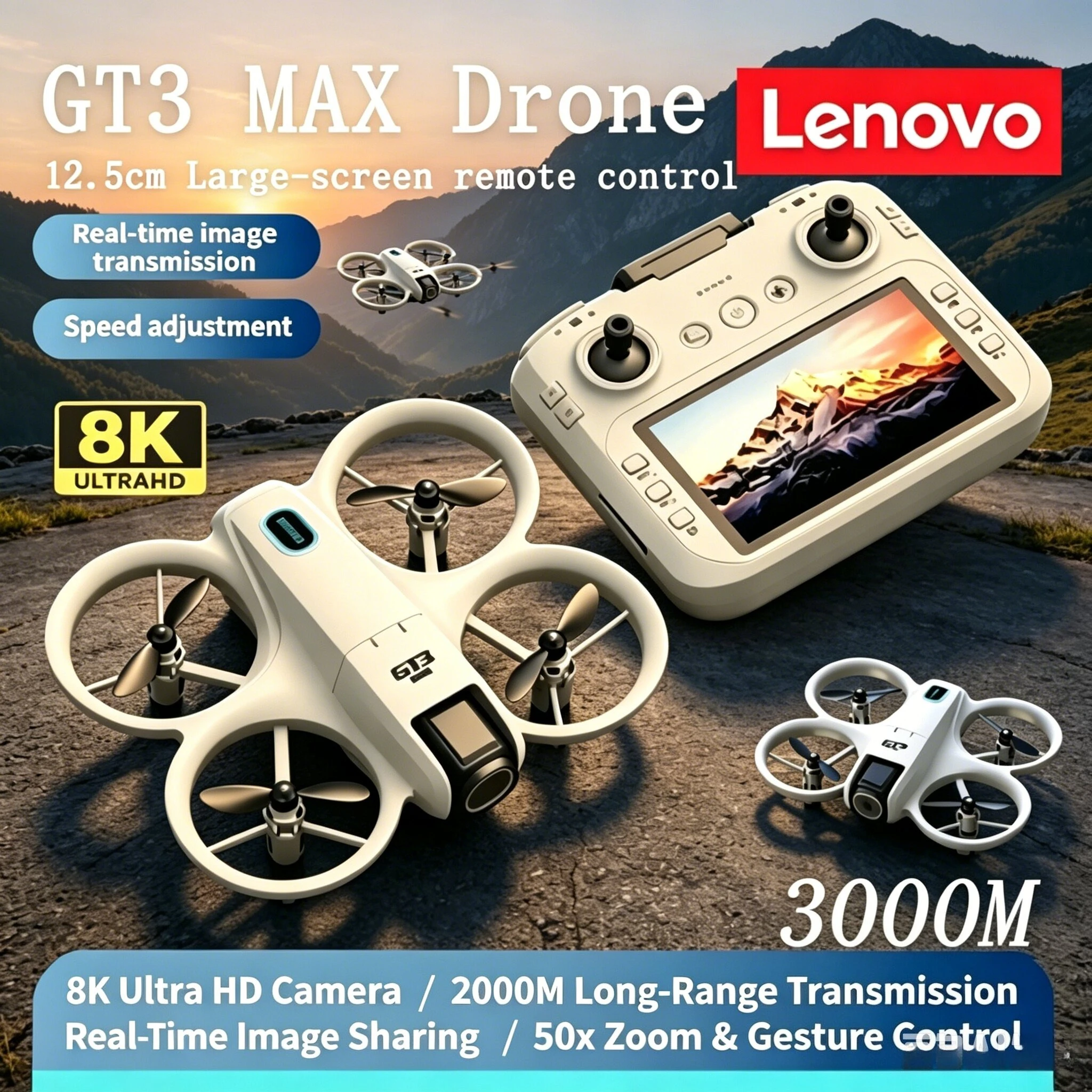 Dron con Cámara Lenovo GT3 HD 8K, Pantalla de 4.3 Pulgadas, Cámara Dual, Flujo Óptico, Localización, Evitación de Obstáculos, Luz LED, Quadcopter RC, Juguete para Niños