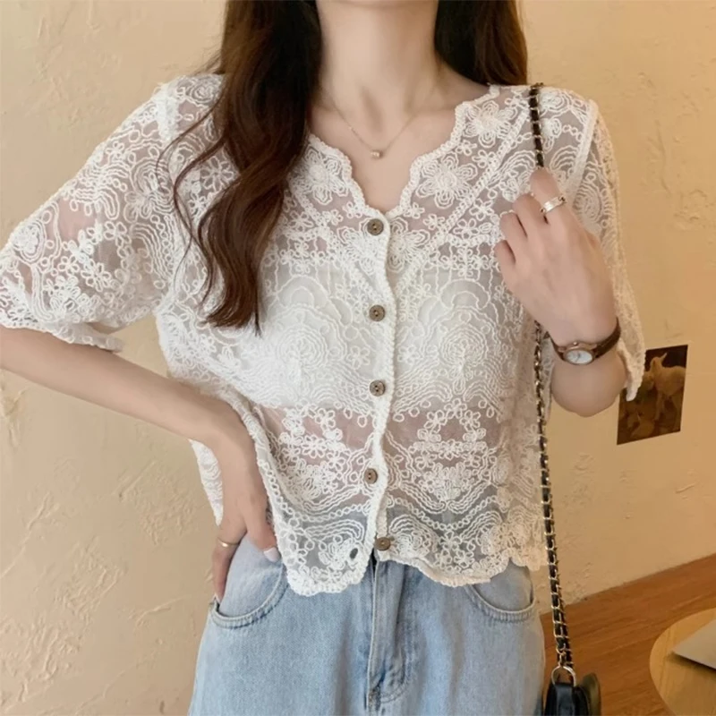

Button Down Crochet Shirt Floral Embroidered Short Sleeve Guipure Lace Blouse Women French Chic Summer Beach Boho Resort Wear