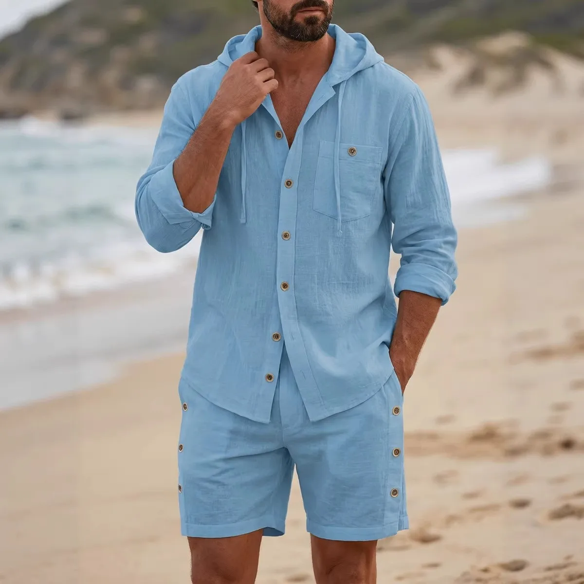 

New Men's Cotton Linen Hooded Solid Color Long Sleeve Top & Shorts Set Trendy Casual Breathable Soft Beach Vacation Outfits