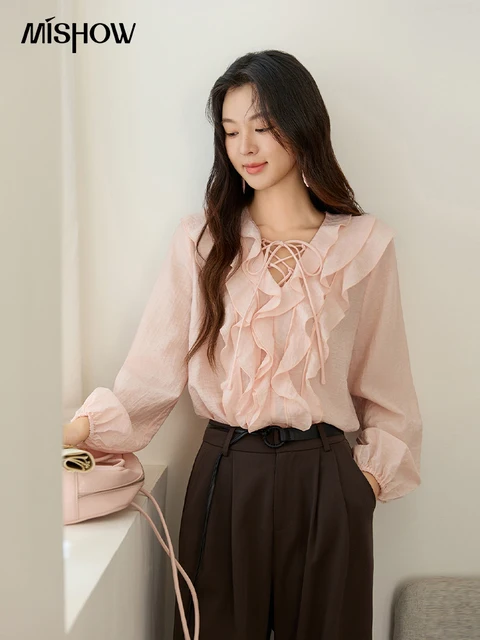 MISHOW Pink Ruffled Blouse for Woman 2025 Autumn New Elegant Sweet V-neck Lace-up Design Shirt Lantern Sleeves Top MXE49X2504