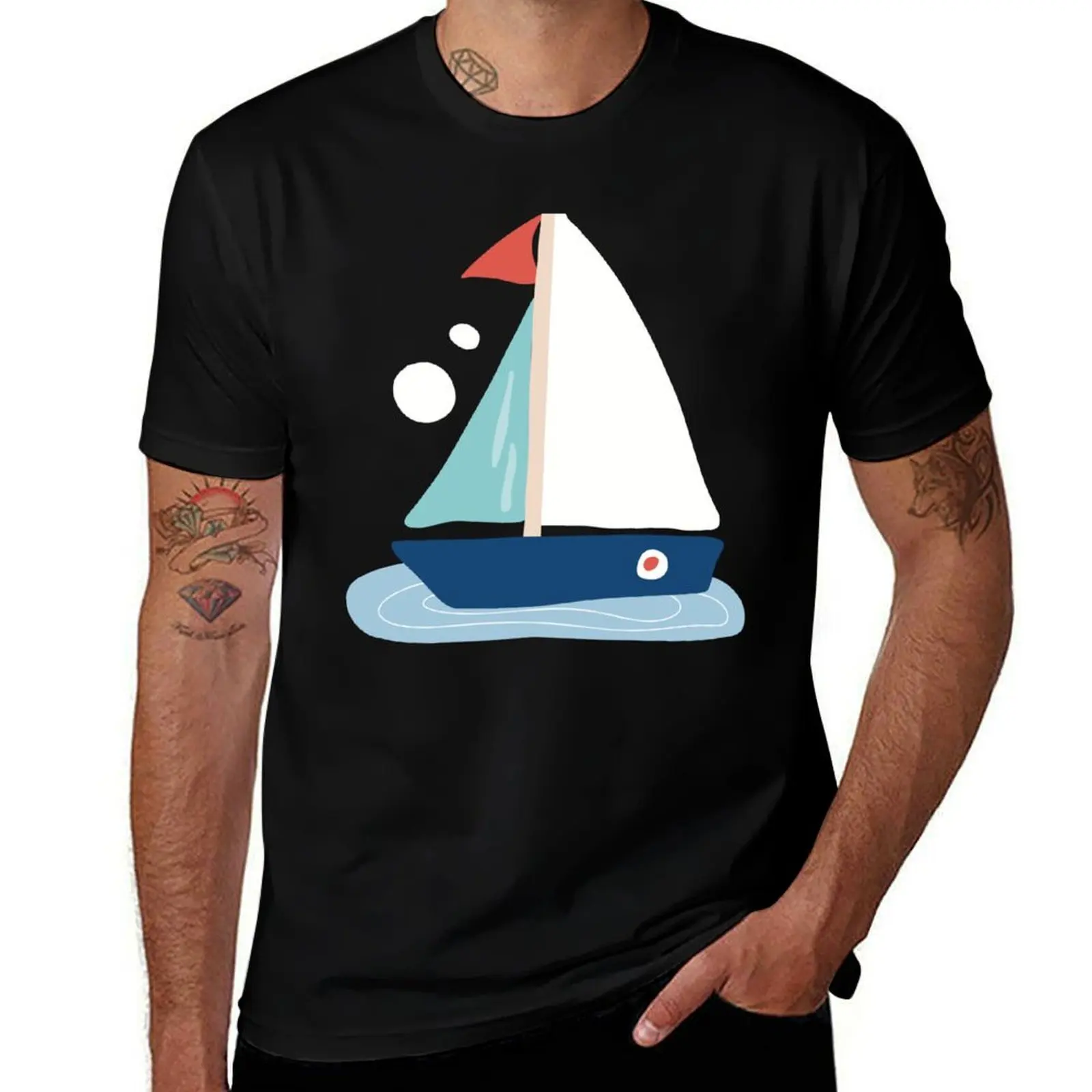 

2025 new model Blue sailing boat T-Shirt vintage clothes d graphic tee korean fashion graphic shirts mens clothes