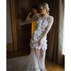 Cathy White Flowers Appliques Mini Wedding Dresses Illusion Sleeves Evening Dress Elegant V-neck Backless New Prom Gown 2024