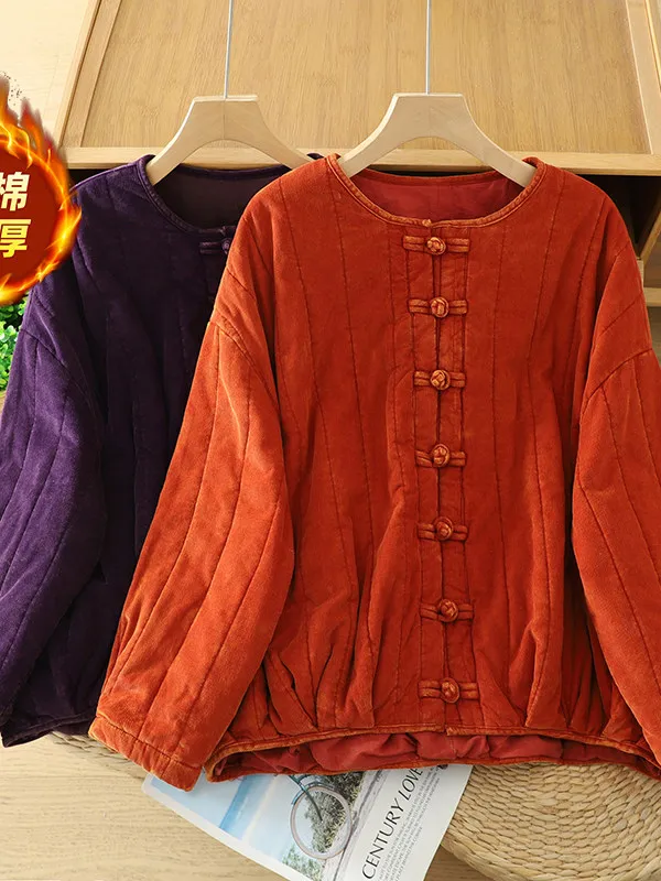 

plus Size Women's Faionable Thiened Warm Corduroy Jaet Artistic Retro Sle Simple Design Long Sve Button up Coat