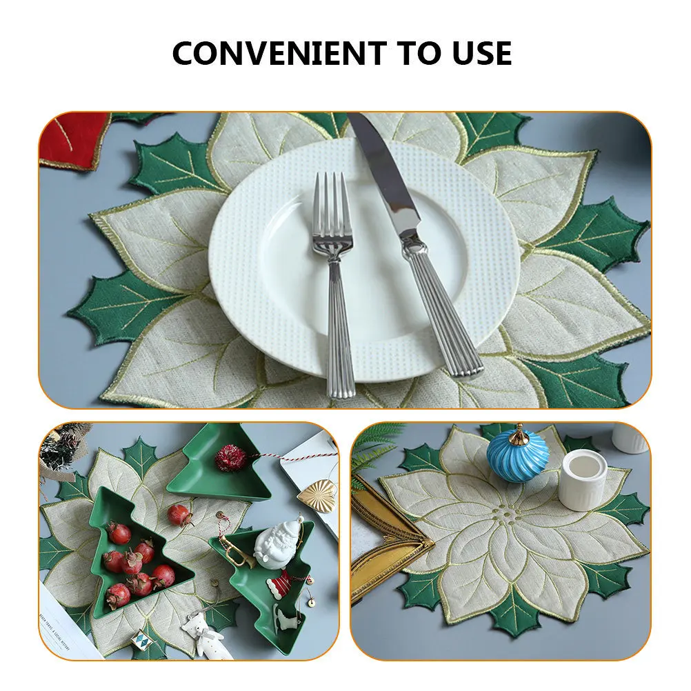 4Pcs Christmas Embroidered Poinsettia Placemat Heat Resistant Table Plate Mat Holiday Dining Table Decoration Reusable