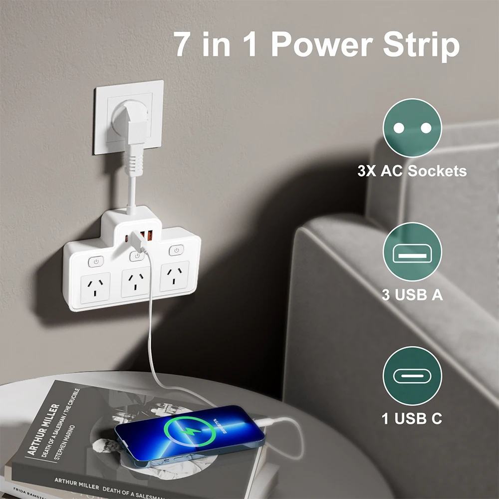 Australia AU Plug AC Wall Power Strip Independent Switch Multitap Power Socket adapt With USB C Ports Charging Network Filter